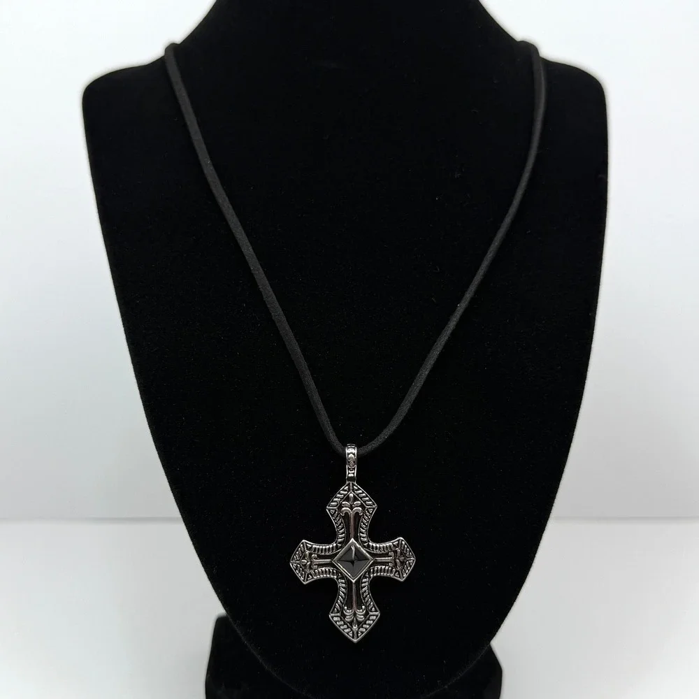 Stainless Steel Black Agate Cross Pendant Necklace Vintage Antique Style Silver